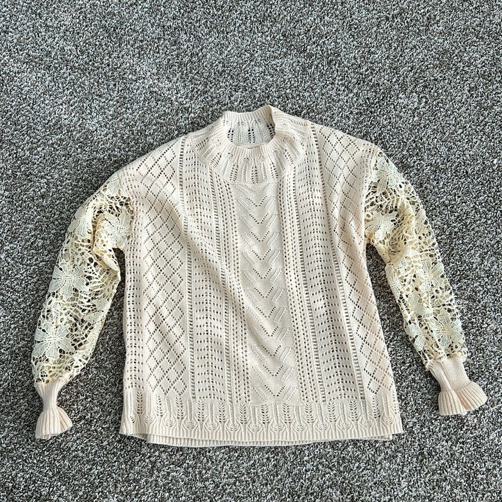 Boho Cream Yellow Fall Crocheted Lace Turtleneck Sweater medium - Picture 9 of 13
